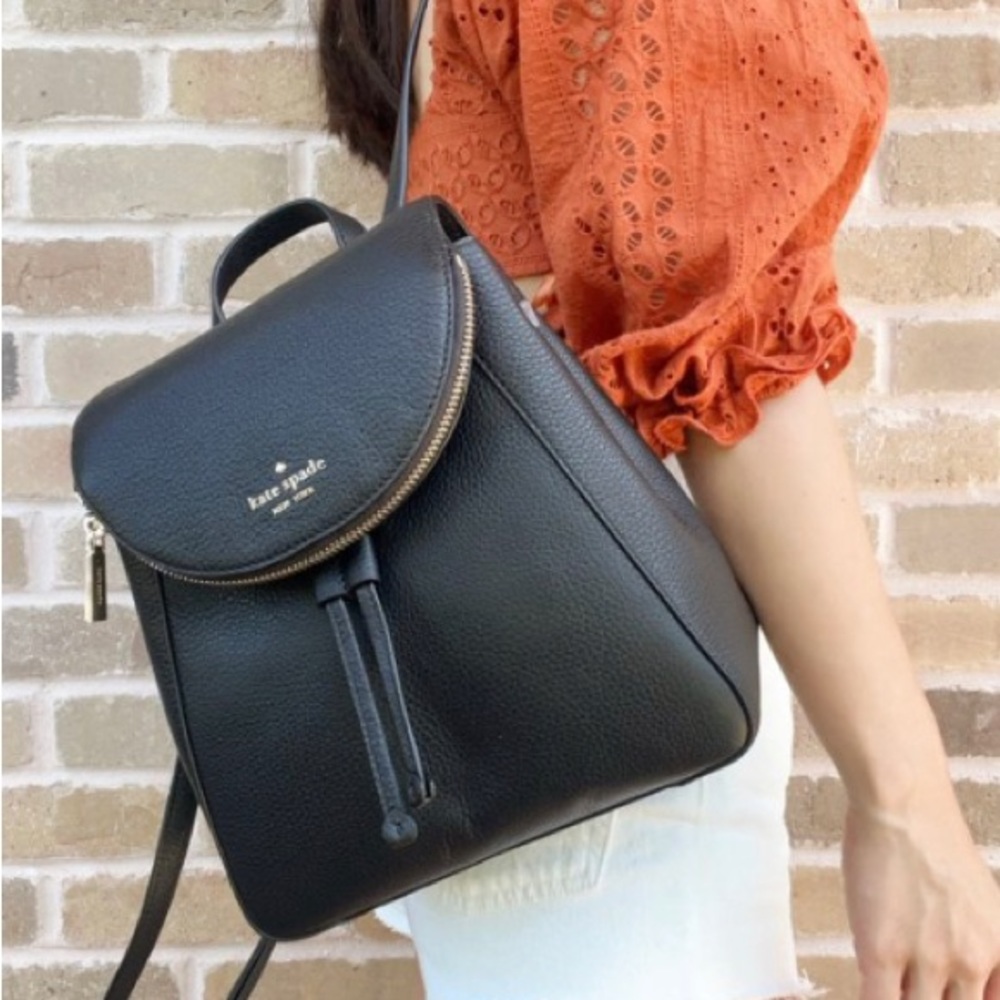 ♠️Kate Spade ♠️ Leila Medium Flap Leather Backpack Black Pebbled Leather